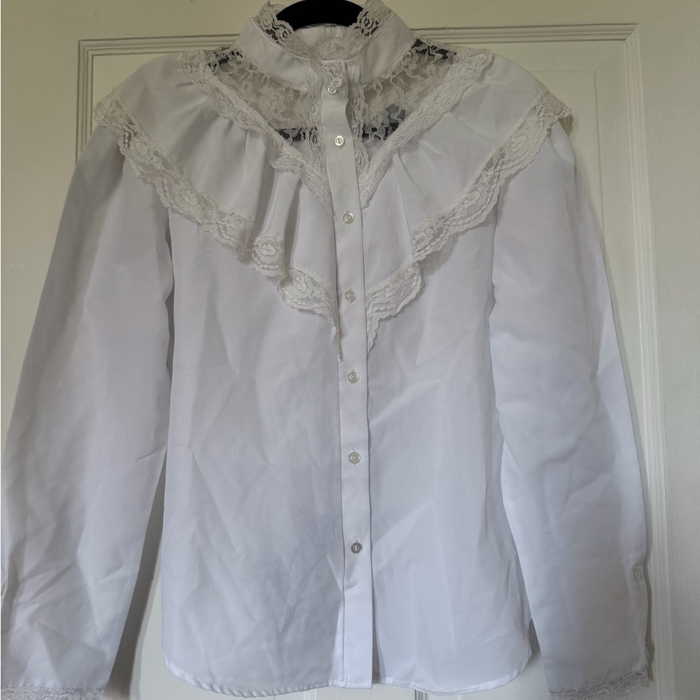 White Lace Ruffle Button-Down Blouse